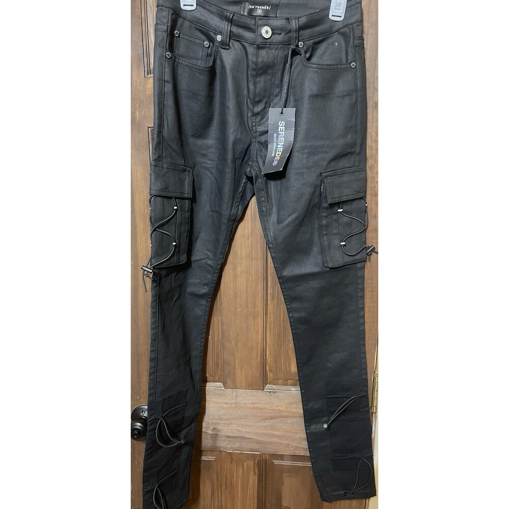 Serenede 1111 Waxed Cargo Jeans Black Stacked Slim Skinny Bungee Men’s 30 NWT